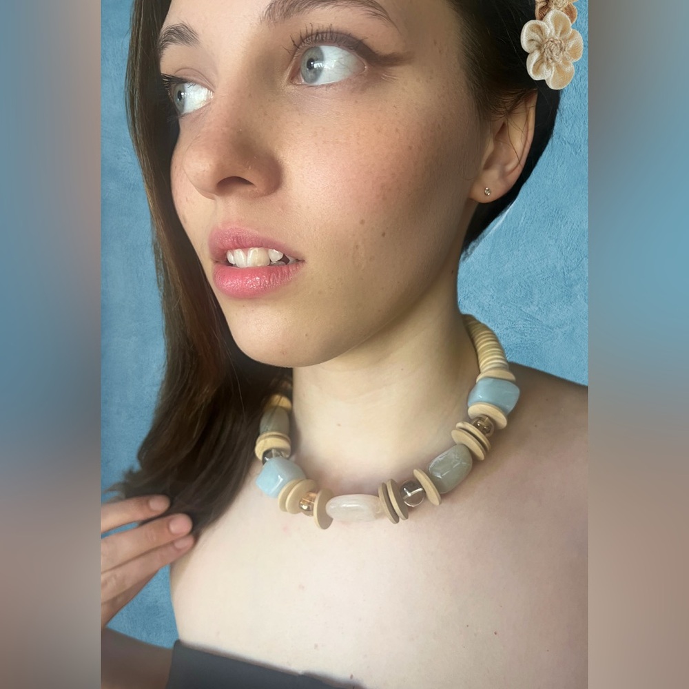 Chunky Multicolored Calcite Agate & Wood Choker Necklace Toggle Closure 16”